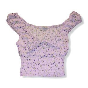 LA Hearts Lilac Floral Shirred Short Puffy Sleeve Tie Front Peasant Crop Top